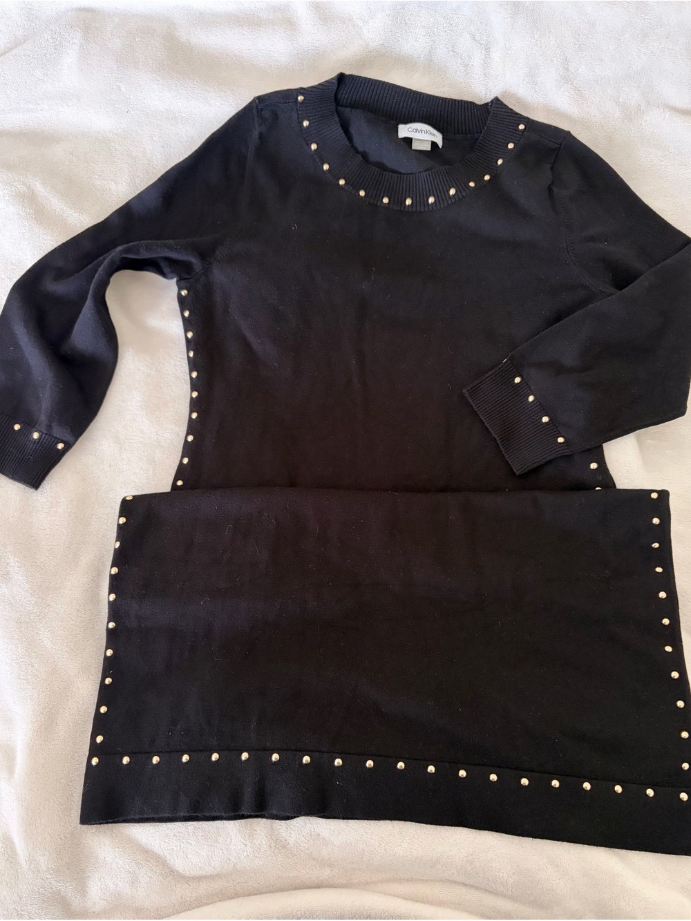 NWOT Calvin Klein Black BodyCon Crewneck Dress with Gold Studs